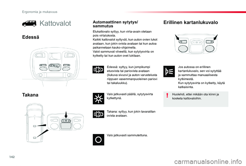TOYOTA PROACE 2020 Omistajan Käsikirja (in Finnish) 142
Proace_fi_Chap03_ergonomie-et-confort_ed2019_V02
Erillinen kartanlukuvalo
Ta k a n a
KattovalotAutomaattinen sytytys/sammutus
Etukattovalo syttyy, kun virta-avain otetaan pois virtalukosta.Kaikki TOYOTA PROACE 2020 Omistajan Käsikirja (in Finnish) 142
Proace_fi_Chap03_ergonomie-et-confort_ed2019_V02
Erillinen kartanlukuvalo
Ta k a n a
KattovalotAutomaattinen sytytys/sammutus
Etukattovalo syttyy, kun virta-avain otetaan pois virtalukosta.Kaikki
