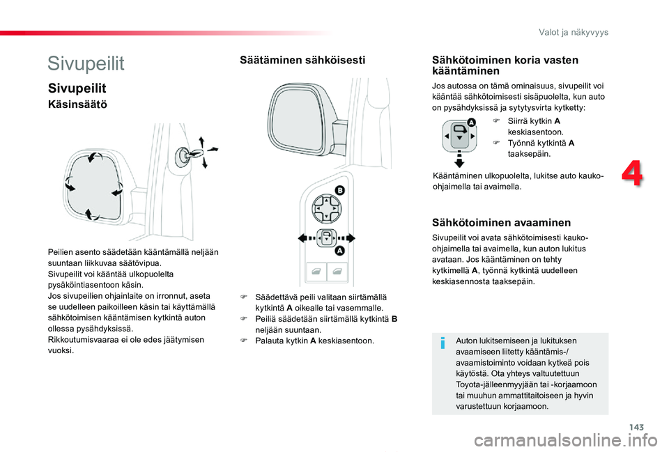 TOYOTA PROACE 2020 Omistajan Käsikirja (in Finnish) 143
Proace_fi_Chap04_eclairage-et-visibilite_ed2019_V02
F Säädettävä peili valitaan siirtämällä kytkintä A oikealle tai vasemmalle.F Peiliä säädetään siirtämällä kytkintä B neljään TOYOTA PROACE 2020 Omistajan Käsikirja (in Finnish) 143
Proace_fi_Chap04_eclairage-et-visibilite_ed2019_V02
F Säädettävä peili valitaan siirtämällä kytkintä A oikealle tai vasemmalle.F Peiliä säädetään siirtämällä kytkintä B neljään