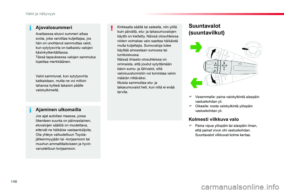 TOYOTA PROACE 2020 Omistajan Käsikirja (in Finnish) 148
Proace_fi_Chap04_eclairage-et-visibilite_ed2019_V02
Suuntavalot
(suuntavilkut)
F Vasemmalle: paina valokytkintä alaspäin vastuskohdan yli.F Oikealle: nosta valokytkintä ylöspäin vastuskohdan TOYOTA PROACE 2020 Omistajan Käsikirja (in Finnish) 148
Proace_fi_Chap04_eclairage-et-visibilite_ed2019_V02
Suuntavalot
(suuntavilkut)
F Vasemmalle: paina valokytkintä alaspäin vastuskohdan yli.F Oikealle: nosta valokytkintä ylöspäin vastuskohdan