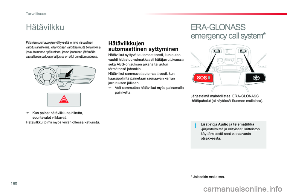 TOYOTA PROACE 2020 Omistajan Käsikirja (in Finnish) 160
Proace_fi_Chap05_securite_ed2019_V02
Hätävilkkujen
automaattinen syttyminen
Hätävilkku
Hätävilkut syttyvät automaattisesti, kun auton vauhti hidastuu voimakkaasti hätäjarrutuksessa sekä TOYOTA PROACE 2020 Omistajan Käsikirja (in Finnish) 160
Proace_fi_Chap05_securite_ed2019_V02
Hätävilkkujen
automaattinen syttyminen
Hätävilkku
Hätävilkut syttyvät automaattisesti, kun auton vauhti hidastuu voimakkaasti hätäjarrutuksessa sekä