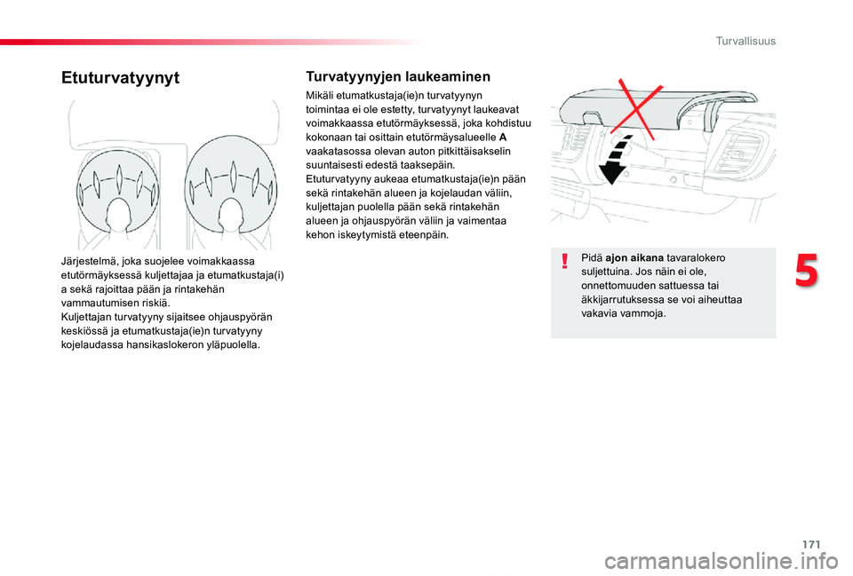 TOYOTA PROACE 2020 Omistajan Käsikirja (in Finnish) 171
Proace_fi_Chap05_securite_ed2019_V02
EtuturvatyynytTurvatyynyjen laukeaminen
Mikäli etumatkustaja(ie)n turvatyynyn toimintaa ei ole estetty, tur vatyynyt laukeavat voimakkaassa etutörmäyksessä TOYOTA PROACE 2020 Omistajan Käsikirja (in Finnish) 171
Proace_fi_Chap05_securite_ed2019_V02
EtuturvatyynytTurvatyynyjen laukeaminen
Mikäli etumatkustaja(ie)n turvatyynyn toimintaa ei ole estetty, tur vatyynyt laukeavat voimakkaassa etutörmäyksessä