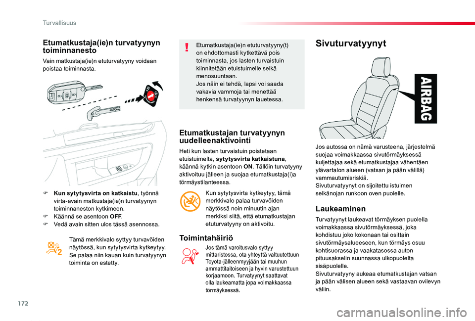 TOYOTA PROACE 2020 Omistajan Käsikirja (in Finnish) 172
Proace_fi_Chap05_securite_ed2019_V02
Etumatkustaja(ie)n turvatyynyn toiminnanesto
Vain matkustaja(ie)n etuturvatyyny voidaan poistaa toiminnasta.
Tämä merkkivalo syttyy tur vavöiden näytössä TOYOTA PROACE 2020 Omistajan Käsikirja (in Finnish) 172
Proace_fi_Chap05_securite_ed2019_V02
Etumatkustaja(ie)n turvatyynyn toiminnanesto
Vain matkustaja(ie)n etuturvatyyny voidaan poistaa toiminnasta.
Tämä merkkivalo syttyy tur vavöiden näytössä