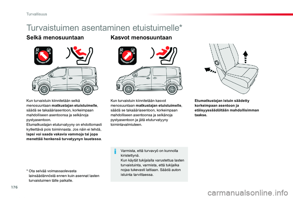 TOYOTA PROACE 2020 Omistajan Käsikirja (in Finnish) 176
Proace_fi_Chap05_securite_ed2019_V02
Etumatkustajan istuin säädetty korkeimpaan asentoon ja etäisyyssäädöltään mahdollisimman taakse.
Selkä menosuuntaan
Turvaistuimen asentaminen etuistui TOYOTA PROACE 2020 Omistajan Käsikirja (in Finnish) 176
Proace_fi_Chap05_securite_ed2019_V02
Etumatkustajan istuin säädetty korkeimpaan asentoon ja etäisyyssäädöltään mahdollisimman taakse.
Selkä menosuuntaan
Turvaistuimen asentaminen etuistui