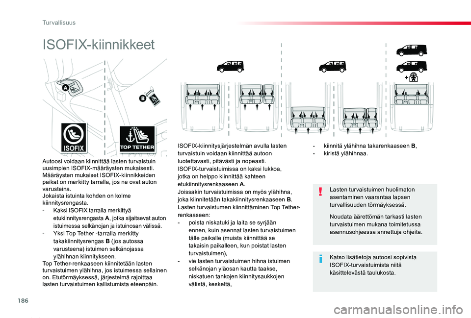 TOYOTA PROACE 2020 Omistajan Käsikirja (in Finnish) 186
Proace_fi_Chap05_securite_ed2019_V02
ISOFIX-kiinnikkeet
Lasten tur vaistuimen huolimaton asentaminen vaarantaa lapsen turvallisuuden törmäyksessä.
Katso lisätietoja autoosi sopivista ISOFIX-tu TOYOTA PROACE 2020 Omistajan Käsikirja (in Finnish) 186
Proace_fi_Chap05_securite_ed2019_V02
ISOFIX-kiinnikkeet
Lasten tur vaistuimen huolimaton asentaminen vaarantaa lapsen turvallisuuden törmäyksessä.
Katso lisätietoja autoosi sopivista ISOFIX-tu