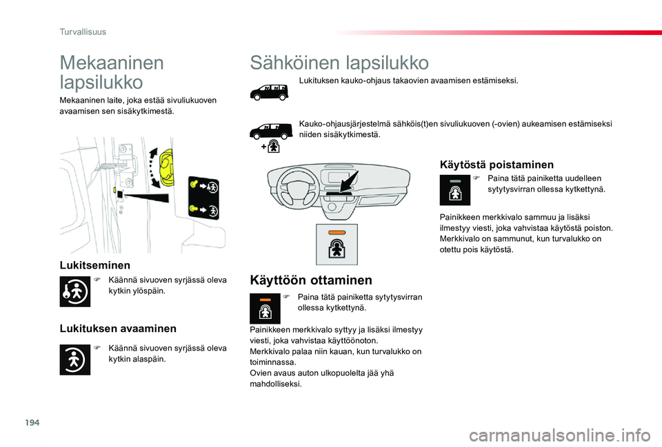 TOYOTA PROACE 2020 Omistajan Käsikirja (in Finnish) 194
Proace_fi_Chap05_securite_ed2019_V02
Mekaaninen
lapsilukko
Lukitseminen
Lukituksen avaaminen
Mekaaninen laite, joka estää sivuliukuoven avaamisen sen sisäkytkimestä.
Sähköinen lapsilukko
Lu TOYOTA PROACE 2020 Omistajan Käsikirja (in Finnish) 194
Proace_fi_Chap05_securite_ed2019_V02
Mekaaninen
lapsilukko
Lukitseminen
Lukituksen avaaminen
Mekaaninen laite, joka estää sivuliukuoven avaamisen sen sisäkytkimestä.
Sähköinen lapsilukko
Lu