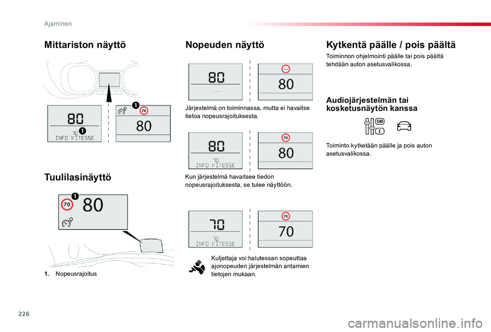 TOYOTA PROACE 2020 Omistajan Käsikirja (in Finnish) 226
Proace_fi_Chap06_conduite_ed2019_V02
Järjestelmä on toiminnassa, mutta ei havaitse tietoa nopeusrajoituksesta.
Kuljettaja voi halutessan sopeuttaa ajonopeuden järjestelmän antamien tietojen mu TOYOTA PROACE 2020 Omistajan Käsikirja (in Finnish) 226
Proace_fi_Chap06_conduite_ed2019_V02
Järjestelmä on toiminnassa, mutta ei havaitse tietoa nopeusrajoituksesta.
Kuljettaja voi halutessan sopeuttaa ajonopeuden järjestelmän antamien tietojen mu