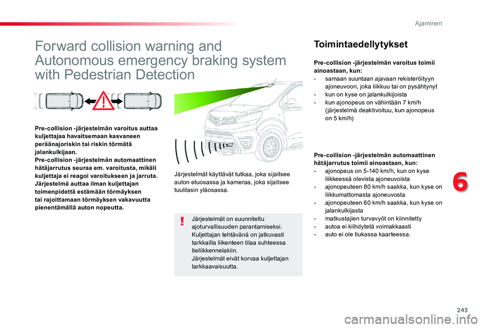 TOYOTA PROACE 2020 Omistajan Käsikirja (in Finnish) 243
Proace_fi_Chap06_conduite_ed2019_V02
Forward collision warning and
Autonomous emergency braking system
with Pedestrian Detection
Toimintaedellytykset
Pre-collision -järjestelmän automaattinen TOYOTA PROACE 2020 Omistajan Käsikirja (in Finnish) 243
Proace_fi_Chap06_conduite_ed2019_V02
Forward collision warning and
Autonomous emergency braking system
with Pedestrian Detection
Toimintaedellytykset
Pre-collision -järjestelmän automaattinen