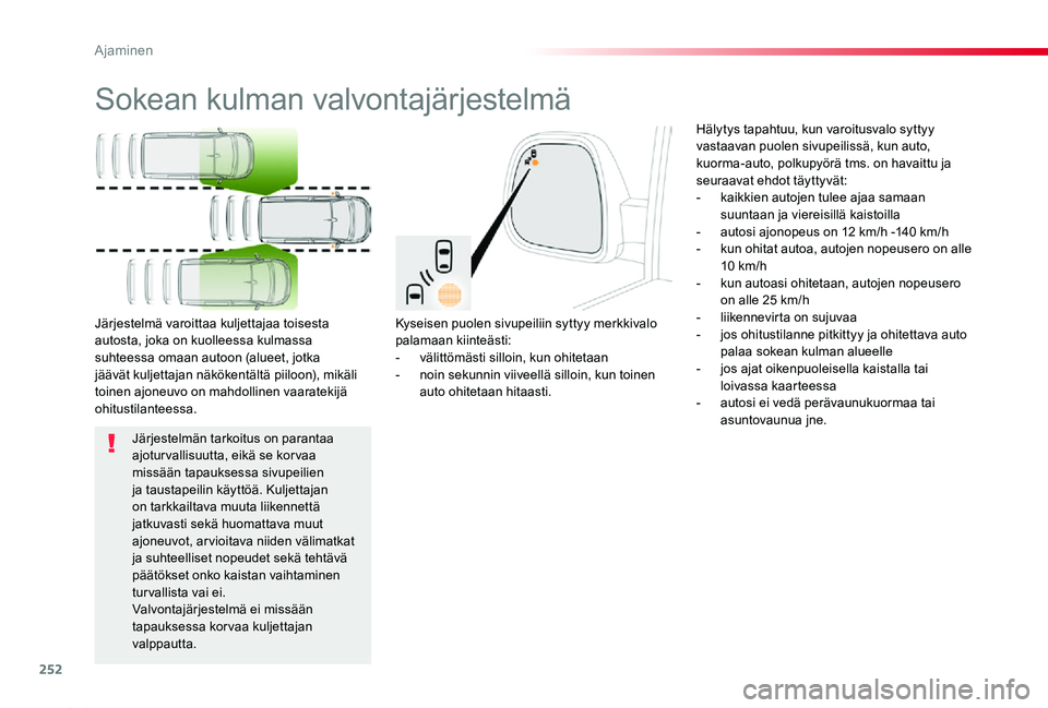 TOYOTA PROACE 2020 Omistajan Käsikirja (in Finnish) 252
Proace_fi_Chap06_conduite_ed2019_V02
Sokean kulman valvontajärjestelmä
Kyseisen puolen sivupeiliin syttyy merkkivalo palamaan kiinteästi:- välittömästi silloin, kun ohitetaan- noin sekunni TOYOTA PROACE 2020 Omistajan Käsikirja (in Finnish) 252
Proace_fi_Chap06_conduite_ed2019_V02
Sokean kulman valvontajärjestelmä
Kyseisen puolen sivupeiliin syttyy merkkivalo palamaan kiinteästi:- välittömästi silloin, kun ohitetaan- noin sekunni