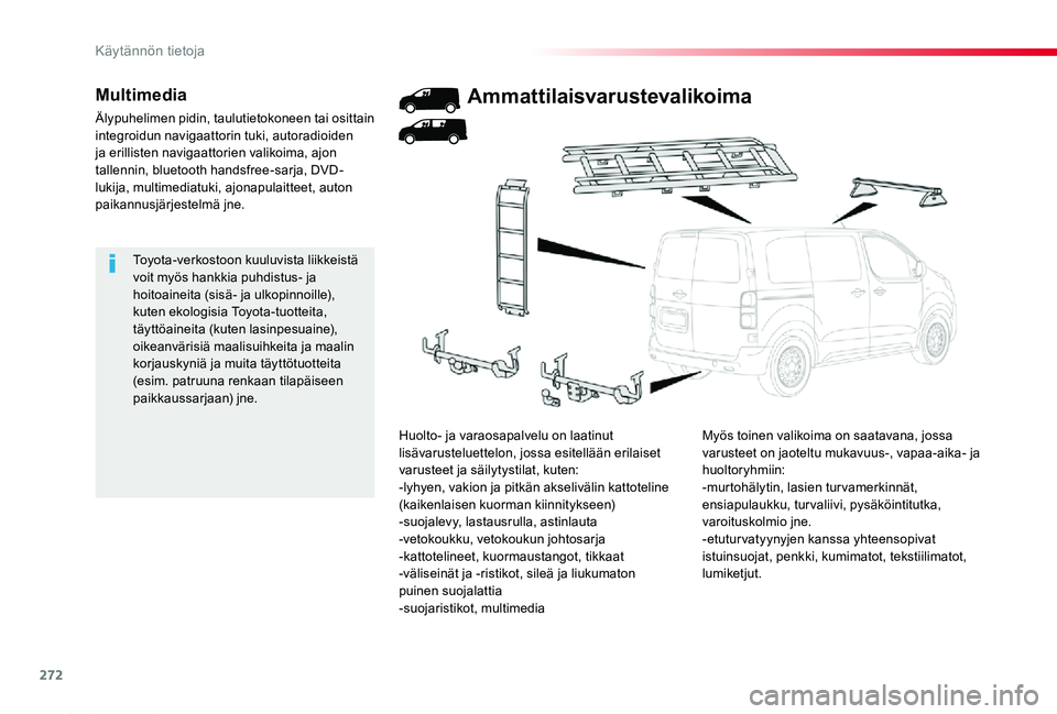 TOYOTA PROACE 2020 Omistajan Käsikirja (in Finnish) 272
Proace_fi_Chap07_info-pratiques_ed2019_V02
Toyota-verkostoon kuuluvista liikkeistä voit myös hankkia puhdistus- ja hoitoaineita (sisä- ja ulkopinnoille), kuten ekologisia Toyota-tuotteita, täy TOYOTA PROACE 2020 Omistajan Käsikirja (in Finnish) 272
Proace_fi_Chap07_info-pratiques_ed2019_V02
Toyota-verkostoon kuuluvista liikkeistä voit myös hankkia puhdistus- ja hoitoaineita (sisä- ja ulkopinnoille), kuten ekologisia Toyota-tuotteita, täy