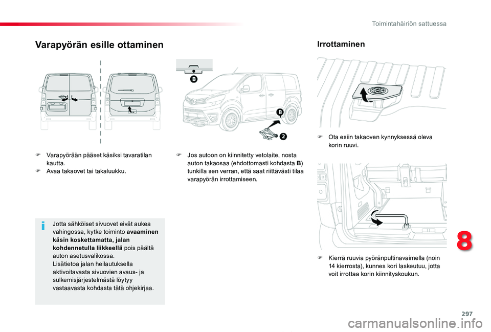 TOYOTA PROACE 2020 Omistajan Käsikirja (in Finnish) 297
Proace_fi_Chap08_En-cas-de-panne_ed2019_V02
F Varapyörään pääset käsiksi tavaratilan kautta.F Avaa takaovet tai takaluukku.
F Ota esiin takaoven kynnyksessä oleva korin ruuvi.
F Kierrä ruu TOYOTA PROACE 2020 Omistajan Käsikirja (in Finnish) 297
Proace_fi_Chap08_En-cas-de-panne_ed2019_V02
F Varapyörään pääset käsiksi tavaratilan kautta.F Avaa takaovet tai takaluukku.
F Ota esiin takaoven kynnyksessä oleva korin ruuvi.
F Kierrä ruu
