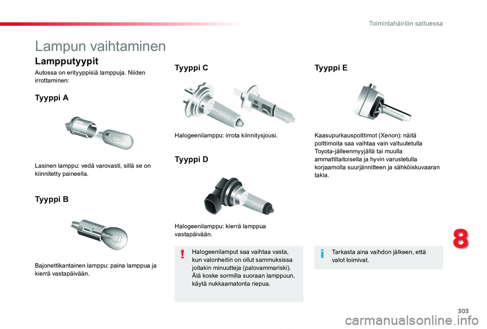 TOYOTA PROACE 2020 Omistajan Käsikirja (in Finnish) 303
Proace_fi_Chap08_En-cas-de-panne_ed2019_V02
Lampun vaihtaminen
Halogeenilamppu: kierrä lamppua vastapäivään.
Ty y p p i A
Bajonettikantainen lamppu: paina lamppua ja kierrä vastapäivään.
TOYOTA PROACE 2020 Omistajan Käsikirja (in Finnish) 303
Proace_fi_Chap08_En-cas-de-panne_ed2019_V02
Lampun vaihtaminen
Halogeenilamppu: kierrä lamppua vastapäivään.
Ty y p p i A
Bajonettikantainen lamppu: paina lamppua ja kierrä vastapäivään.