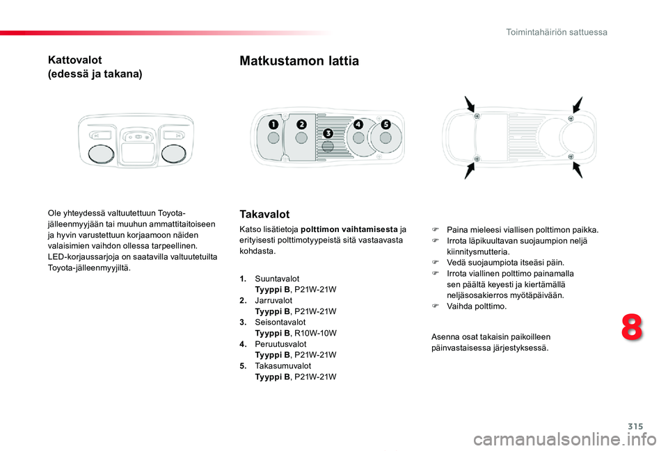 TOYOTA PROACE 2020 Omistajan Käsikirja (in Finnish) 315
Proace_fi_Chap08_En-cas-de-panne_ed2019_V02
Kattovalot
(edessä ja takana)
Ole yhteydessä valtuutettuun Toyota-jälleenmyyjään tai muuhun ammattitaitoiseen ja hyvin varustettuun korjaamoon näi TOYOTA PROACE 2020 Omistajan Käsikirja (in Finnish) 315
Proace_fi_Chap08_En-cas-de-panne_ed2019_V02
Kattovalot
(edessä ja takana)
Ole yhteydessä valtuutettuun Toyota-jälleenmyyjään tai muuhun ammattitaitoiseen ja hyvin varustettuun korjaamoon näi