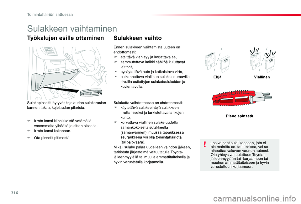 TOYOTA PROACE 2020 Omistajan Käsikirja (in Finnish) 316
Proace_fi_Chap08_En-cas-de-panne_ed2019_V02
F Irrota kansi kiinnikkeistä vetämällä vasemmalta ylhäältä ja sitten oikealta.F Irrota kansi kokonaan.
EhjäViallinen
Pienoispinsetit
Työkalujen TOYOTA PROACE 2020 Omistajan Käsikirja (in Finnish) 316
Proace_fi_Chap08_En-cas-de-panne_ed2019_V02
F Irrota kansi kiinnikkeistä vetämällä vasemmalta ylhäältä ja sitten oikealta.F Irrota kansi kokonaan.
EhjäViallinen
Pienoispinsetit
Työkalujen