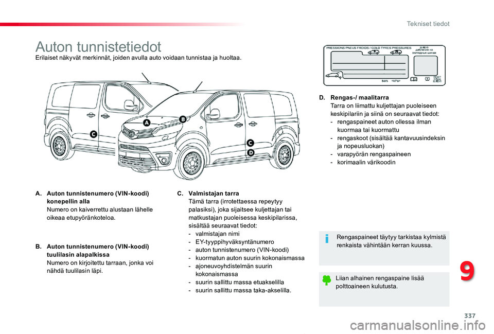TOYOTA PROACE 2020 Omistajan Käsikirja (in Finnish) 337
Proace_fi_Chap09_caracteristiques-techniques_ed2019_V02
Auton tunnistetiedotErilaiset näkyvät merkinnät, joiden avulla auto voidaan tunnistaa ja huoltaa.
A. Auton tunnistenumero (VIN-koodi) kon TOYOTA PROACE 2020 Omistajan Käsikirja (in Finnish) 337
Proace_fi_Chap09_caracteristiques-techniques_ed2019_V02
Auton tunnistetiedotErilaiset näkyvät merkinnät, joiden avulla auto voidaan tunnistaa ja huoltaa.
A. Auton tunnistenumero (VIN-koodi) kon