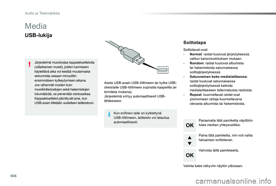 TOYOTA PROACE 2020 Omistajan Käsikirja (in Finnish) 406
Proace_fi_Chap10d_RD6_ed2019_V02
Media
USB-lukija
Aseta USB-avain USB-liittimeen tai kytke USB-oheislaite USB-liittimeen sopivalla kaapelilla (ei toimiteta mukana).Järjestelmä siirtyy automaatti TOYOTA PROACE 2020 Omistajan Käsikirja (in Finnish) 406
Proace_fi_Chap10d_RD6_ed2019_V02
Media
USB-lukija
Aseta USB-avain USB-liittimeen tai kytke USB-oheislaite USB-liittimeen sopivalla kaapelilla (ei toimiteta mukana).Järjestelmä siirtyy automaatti