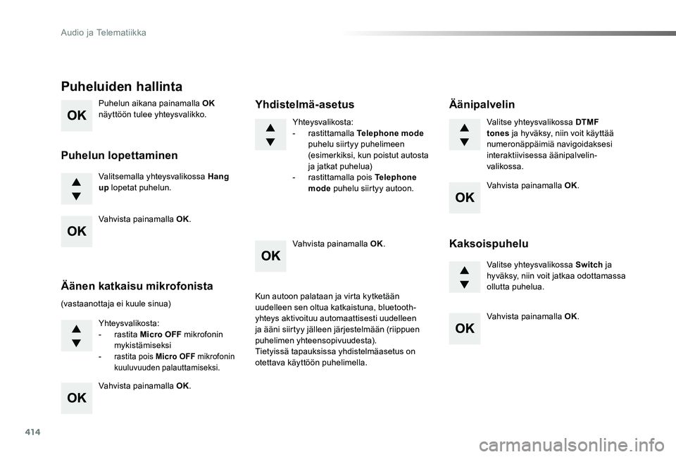 TOYOTA PROACE 2020 Omistajan Käsikirja (in Finnish) 414
Proace_fi_Chap10d_RD6_ed2019_V02
Puhelun aikana painamalla OK näyttöön tulee yhteysvalikko.
Valitsemalla yhteysvalikossa Hang up lopetat puhelun.
Puheluiden hallinta
Puhelun lopettaminen
(vasta TOYOTA PROACE 2020 Omistajan Käsikirja (in Finnish) 414
Proace_fi_Chap10d_RD6_ed2019_V02
Puhelun aikana painamalla OK näyttöön tulee yhteysvalikko.
Valitsemalla yhteysvalikossa Hang up lopetat puhelun.
Puheluiden hallinta
Puhelun lopettaminen
(vasta