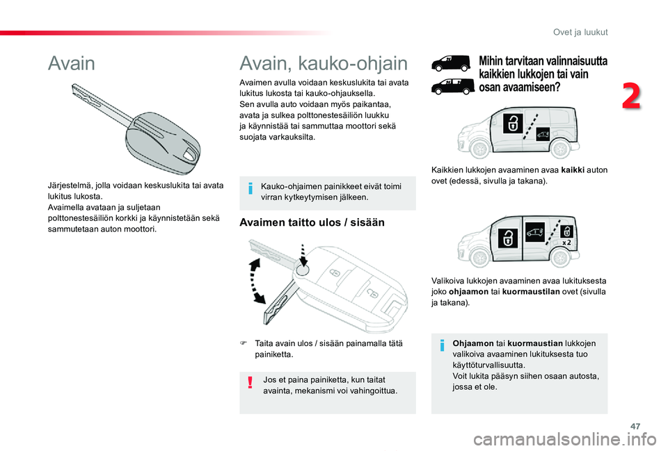 TOYOTA PROACE 2020 Omistajan Käsikirja (in Finnish) 47
Proace_fi_Chap02_ouvertures_ed2019_V02
Avaimen taitto ulos / sisään
Jos et paina painiketta, kun taitat avainta, mekanismi voi vahingoittua.
Avaimen avulla voidaan keskuslukita tai avata lukitus TOYOTA PROACE 2020 Omistajan Käsikirja (in Finnish) 47
Proace_fi_Chap02_ouvertures_ed2019_V02
Avaimen taitto ulos / sisään
Jos et paina painiketta, kun taitat avainta, mekanismi voi vahingoittua.
Avaimen avulla voidaan keskuslukita tai avata lukitus