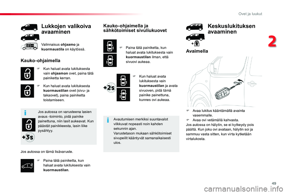 TOYOTA PROACE 2020 Omistajan Käsikirja (in Finnish) 49
Proace_fi_Chap02_ouvertures_ed2019_V02
Avaimella
F Kun haluat avata lukituksesta vain ohjaamon ovet, paina tätä painiketta kerran.
F Kun haluat avata lukituksesta kuormaustilan ovet (sivu- ja tak TOYOTA PROACE 2020 Omistajan Käsikirja (in Finnish) 49
Proace_fi_Chap02_ouvertures_ed2019_V02
Avaimella
F Kun haluat avata lukituksesta vain ohjaamon ovet, paina tätä painiketta kerran.
F Kun haluat avata lukituksesta kuormaustilan ovet (sivu- ja tak