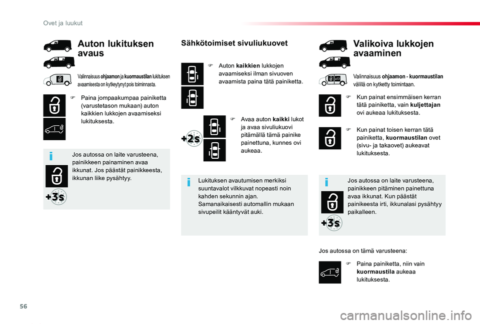 TOYOTA PROACE 2020 Omistajan Käsikirja (in Finnish) 56
Proace_fi_Chap02_ouvertures_ed2019_V02
Sähkötoimiset sivuliukuovet
F Auton kaikkien lukkojen avaamiseksi ilman sivuoven avaamista paina tätä painiketta.
F Avaa auton kaikki lukot ja avaa sivuli TOYOTA PROACE 2020 Omistajan Käsikirja (in Finnish) 56
Proace_fi_Chap02_ouvertures_ed2019_V02
Sähkötoimiset sivuliukuovet
F Auton kaikkien lukkojen avaamiseksi ilman sivuoven avaamista paina tätä painiketta.
F Avaa auton kaikki lukot ja avaa sivuli