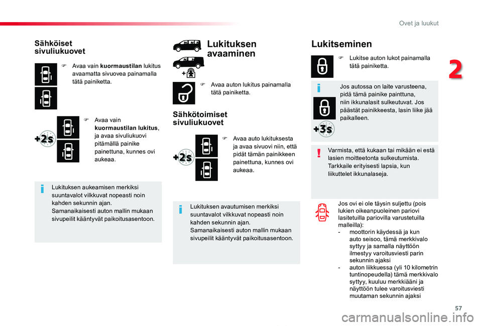 TOYOTA PROACE 2020 Omistajan Käsikirja (in Finnish) 57
Proace_fi_Chap02_ouvertures_ed2019_V02
Lukitseminen
Varmista, että kukaan tai mikään ei estä lasien moitteetonta sulkeutumista.Tarkkaile erityisesti lapsia, kun liikuttelet ikkunalaseja.
Jos ov TOYOTA PROACE 2020 Omistajan Käsikirja (in Finnish) 57
Proace_fi_Chap02_ouvertures_ed2019_V02
Lukitseminen
Varmista, että kukaan tai mikään ei estä lasien moitteetonta sulkeutumista.Tarkkaile erityisesti lapsia, kun liikuttelet ikkunalaseja.
Jos ov