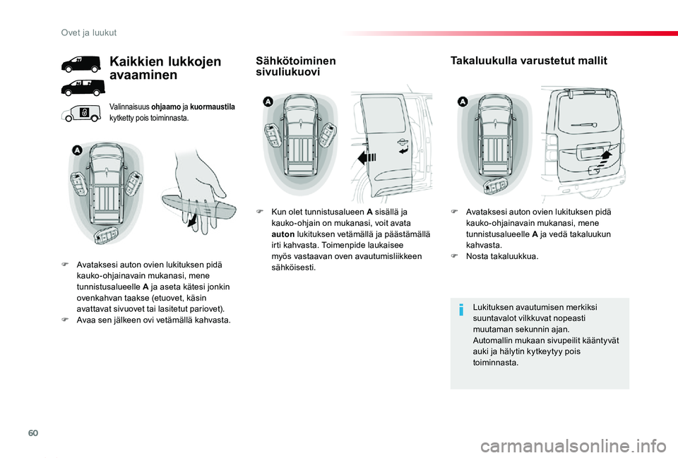 TOYOTA PROACE 2020 Omistajan Käsikirja (in Finnish) 60
Proace_fi_Chap02_ouvertures_ed2019_V02
Valinnaisuus ohjaamo ja kuormaustila kytketty pois toiminnasta.
Lukituksen avautumisen merkiksi suuntavalot vilkkuvat nopeasti muutaman sekunnin ajan.Automall TOYOTA PROACE 2020 Omistajan Käsikirja (in Finnish) 60
Proace_fi_Chap02_ouvertures_ed2019_V02
Valinnaisuus ohjaamo ja kuormaustila kytketty pois toiminnasta.
Lukituksen avautumisen merkiksi suuntavalot vilkkuvat nopeasti muutaman sekunnin ajan.Automall