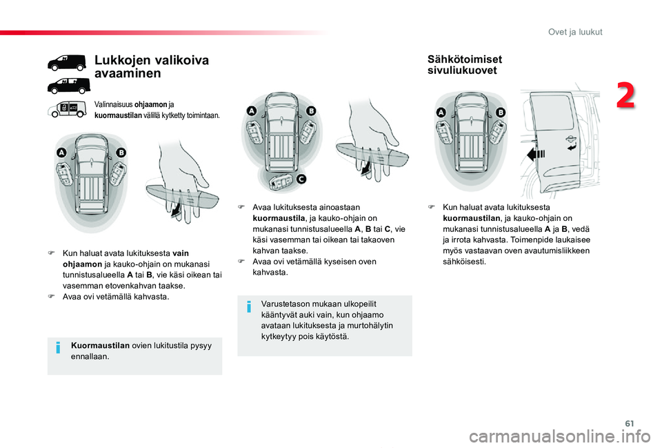 TOYOTA PROACE 2020 Omistajan Käsikirja (in Finnish) 61
Proace_fi_Chap02_ouvertures_ed2019_V02
Varustetason mukaan ulkopeilit
kääntyvät auki vain, kun ohjaamo avataan lukituksesta ja murtohälytin kytkeytyy pois käytöstä.
Valinnaisuus ohjaamon ja TOYOTA PROACE 2020 Omistajan Käsikirja (in Finnish) 61
Proace_fi_Chap02_ouvertures_ed2019_V02
Varustetason mukaan ulkopeilit
kääntyvät auki vain, kun ohjaamo avataan lukituksesta ja murtohälytin kytkeytyy pois käytöstä.
Valinnaisuus ohjaamon ja
