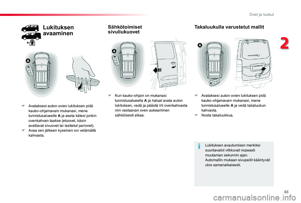 TOYOTA PROACE 2020 Omistajan Käsikirja (in Finnish) 63
Proace_fi_Chap02_ouvertures_ed2019_V02
Lukituksen
avaaminen
F Avataksesi auton ovien lukituksen pidä kauko-ohjainavain mukanasi, mene tunnistusalueelle A ja aseta kätesi jonkin ovenkahvan taakse TOYOTA PROACE 2020 Omistajan Käsikirja (in Finnish) 63
Proace_fi_Chap02_ouvertures_ed2019_V02
Lukituksen
avaaminen
F Avataksesi auton ovien lukituksen pidä kauko-ohjainavain mukanasi, mene tunnistusalueelle A ja aseta kätesi jonkin ovenkahvan taakse