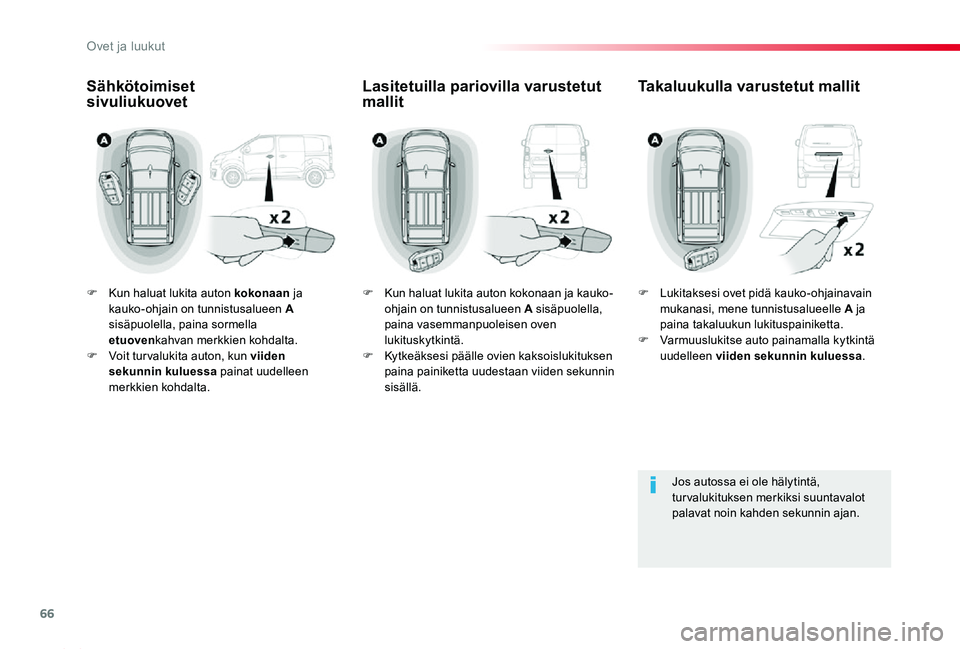 TOYOTA PROACE 2020 Omistajan Käsikirja (in Finnish) 66
Proace_fi_Chap02_ouvertures_ed2019_V02
F Kun haluat lukita auton kokonaan ja kauko-ohjain on tunnistusalueen A sisäpuolella, paina sormella etuovenkahvan merkkien kohdalta.F Voit tur valukita aut TOYOTA PROACE 2020 Omistajan Käsikirja (in Finnish) 66
Proace_fi_Chap02_ouvertures_ed2019_V02
F Kun haluat lukita auton kokonaan ja kauko-ohjain on tunnistusalueen A sisäpuolella, paina sormella etuovenkahvan merkkien kohdalta.F Voit tur valukita aut