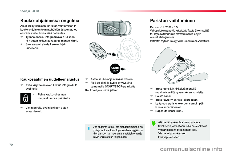 TOYOTA PROACE 2020 Omistajan Käsikirja (in Finnish) 70
Proace_fi_Chap02_ouvertures_ed2019_V02
Pariston vaihtaminen
Paristo: CR 2032 / 3 V.Vaihtoparisto on saatavilla valtuutetulta Toyota-jälleenmyyjältä tai -korjaamolta tai muusta ammattitaitoisesta TOYOTA PROACE 2020 Omistajan Käsikirja (in Finnish) 70
Proace_fi_Chap02_ouvertures_ed2019_V02
Pariston vaihtaminen
Paristo: CR 2032 / 3 V.Vaihtoparisto on saatavilla valtuutetulta Toyota-jälleenmyyjältä tai -korjaamolta tai muusta ammattitaitoisesta