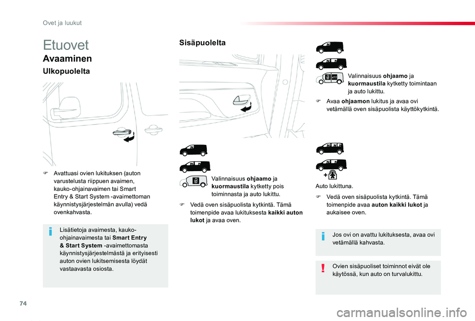 TOYOTA PROACE 2020 Omistajan Käsikirja (in Finnish) 74
Proace_fi_Chap02_ouvertures_ed2019_V02
Etuovet
Avaaminen
Ulkopuolelta
F Vedä oven sisäpuolista kytkintä. Tämä toimenpide avaa lukituksesta kaikki auton lukot ja avaa oven.
F Avaa ohjaamon luki TOYOTA PROACE 2020 Omistajan Käsikirja (in Finnish) 74
Proace_fi_Chap02_ouvertures_ed2019_V02
Etuovet
Avaaminen
Ulkopuolelta
F Vedä oven sisäpuolista kytkintä. Tämä toimenpide avaa lukituksesta kaikki auton lukot ja avaa oven.
F Avaa ohjaamon luki