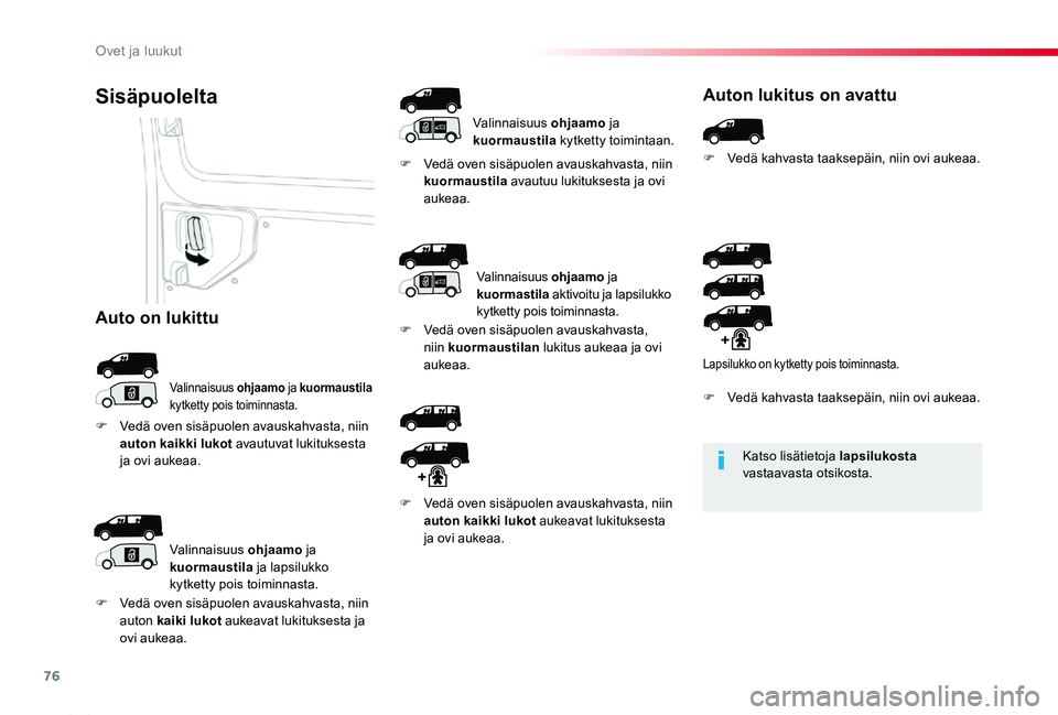 TOYOTA PROACE 2020 Omistajan Käsikirja (in Finnish) 76
Proace_fi_Chap02_ouvertures_ed2019_V02
Katso lisätietoja lapsilukosta vastaavasta otsikosta.
Sisäpuolelta
Valinnaisuus ohjaamo ja kuormaustila kytketty pois toiminnasta.
F Vedä oven sisäpuolen TOYOTA PROACE 2020 Omistajan Käsikirja (in Finnish) 76
Proace_fi_Chap02_ouvertures_ed2019_V02
Katso lisätietoja lapsilukosta vastaavasta otsikosta.
Sisäpuolelta
Valinnaisuus ohjaamo ja kuormaustila kytketty pois toiminnasta.
F Vedä oven sisäpuolen