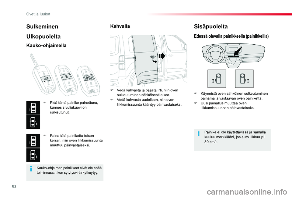 TOYOTA PROACE 2020 Omistajan Käsikirja (in Finnish) 82
Proace_fi_Chap02_ouvertures_ed2019_V02
Kauko-ohjaimen painikkeet eivät ole enää toiminnassa, kun sytytysvirta kytkeytyy.
Sulkeminen
Ulkopuolelta
F Käynnistä oven sähköinen sulkeutuminen pain TOYOTA PROACE 2020 Omistajan Käsikirja (in Finnish) 82
Proace_fi_Chap02_ouvertures_ed2019_V02
Kauko-ohjaimen painikkeet eivät ole enää toiminnassa, kun sytytysvirta kytkeytyy.
Sulkeminen
Ulkopuolelta
F Käynnistä oven sähköinen sulkeutuminen pain