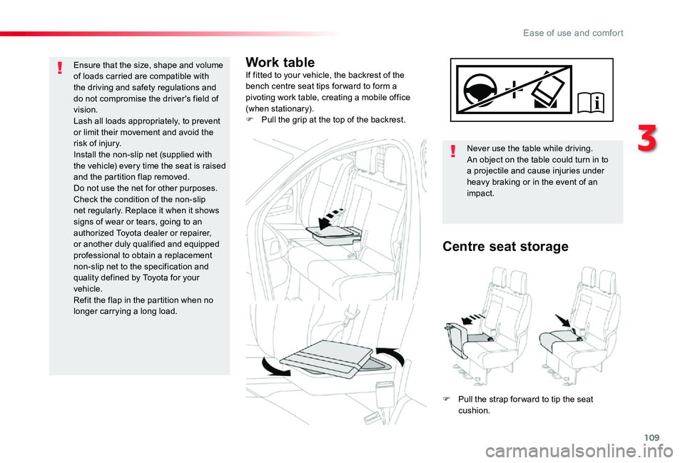 TOYOTA PROACE 2020 Owners Manual (in English) 109
Work tableIf fitted to your vehicle, the backrest of the bench centre seat tips for ward to form a pivoting work table, creating a mobile office (when stationary).F Pull the grip at the top of the TOYOTA PROACE 2020 Owners Manual (in English) 109
Work tableIf fitted to your vehicle, the backrest of the bench centre seat tips for ward to form a pivoting work table, creating a mobile office (when stationary).F Pull the grip at the top of the