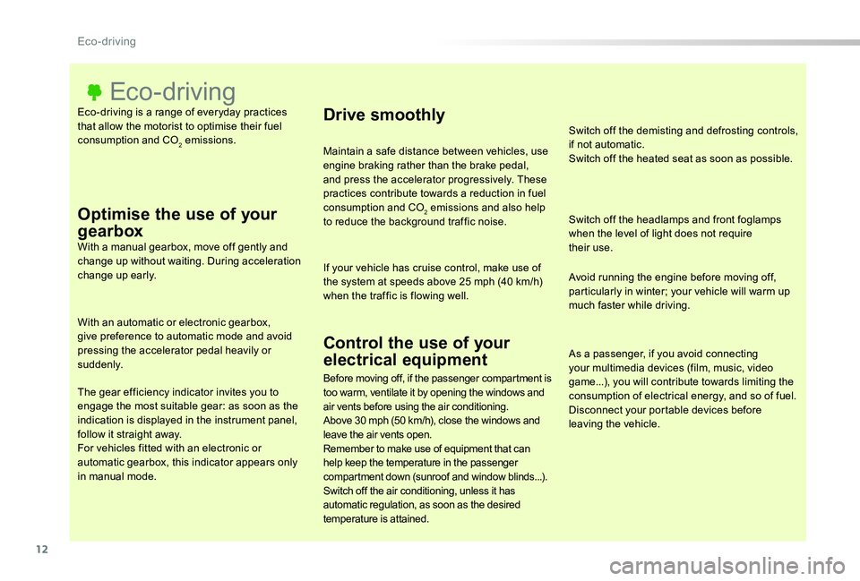 TOYOTA PROACE 2020 (in English) User Guide 12
Eco-driving is a range of everyday practices that allow the motorist to optimise their fuel consumption and CO2 emissions.
Eco- driving
Optimise the use of your
gearboxWith a manual gearbox, move TOYOTA PROACE 2020 (in English) User Guide 12
Eco-driving is a range of everyday practices that allow the motorist to optimise their fuel consumption and CO2 emissions.
Eco- driving
Optimise the use of your
gearboxWith a manual gearbox, move