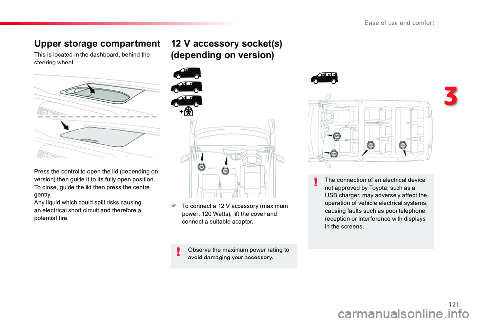 TOYOTA PROACE 2020  Owners Manual (in English) 121
Upper storage compartment
This is located in the dashboard, behind the steering wheel.
Press the control to open the lid (depending on version) then guide it to its fully open position.To close, g