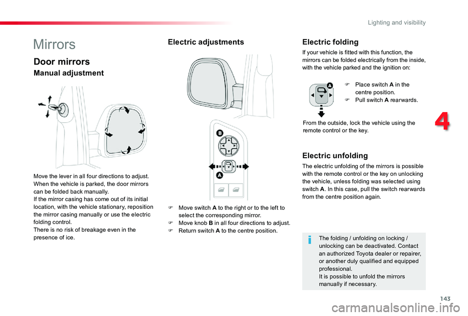 TOYOTA PROACE 2020 (in English) Owners Guide 143
F Move switch A to the right or to the left to select the corresponding mirror.F Move knob B in all four directions to adjust.F Return switch A to the centre position.
Electric unfolding
The elect TOYOTA PROACE 2020 (in English) Owners Guide 143
F Move switch A to the right or to the left to select the corresponding mirror.F Move knob B in all four directions to adjust.F Return switch A to the centre position.
Electric unfolding
The elect
