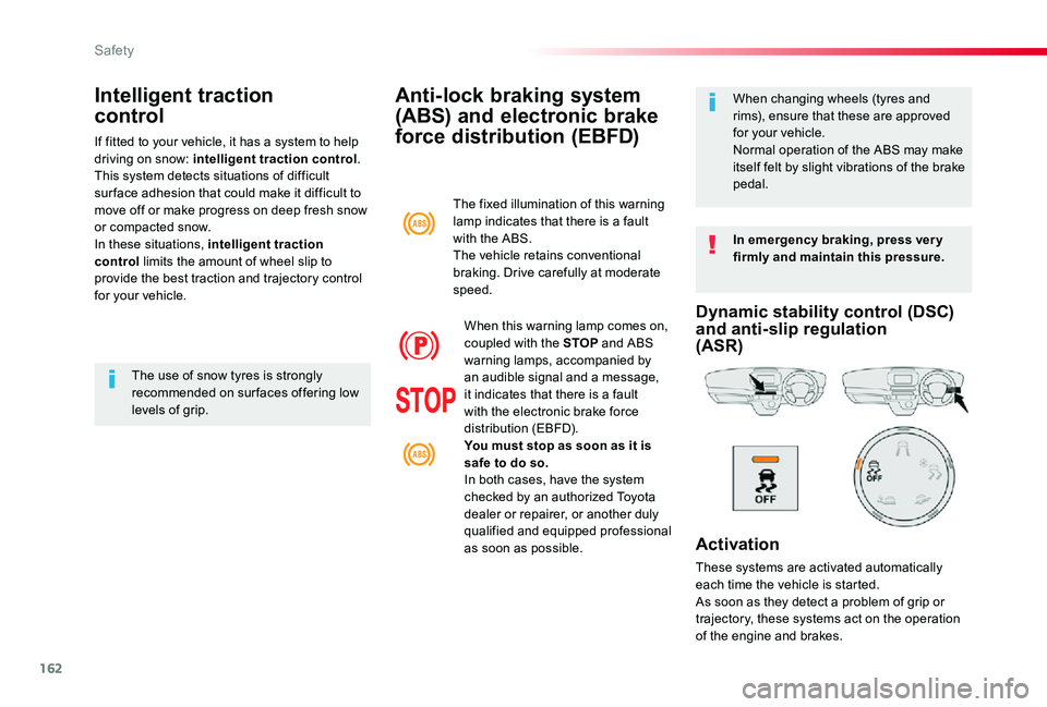 TOYOTA PROACE 2020 Owners Manual (in English) 162
Anti-lock braking system
(ABS) and electronic brake
force distribution (EBFD)
In emergency braking, press ver y firmly and maintain this pressure.
When changing wheels (tyres and rims), ensure t TOYOTA PROACE 2020 Owners Manual (in English) 162
Anti-lock braking system
(ABS) and electronic brake
force distribution (EBFD)
In emergency braking, press ver y firmly and maintain this pressure.
When changing wheels (tyres and rims), ensure t
