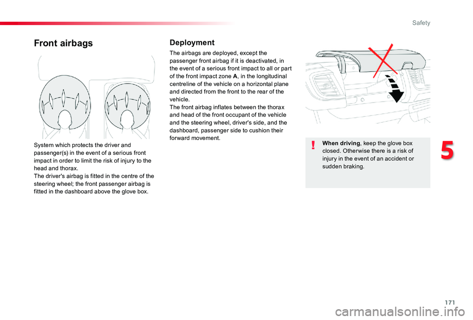 TOYOTA PROACE 2020  Owners Manual (in English) 171
Front airbagsDeployment
The airbags are deployed, except the passenger front airbag if it is deactivated, in the event of a serious front impact to all or part of the front impact zone A, in the l