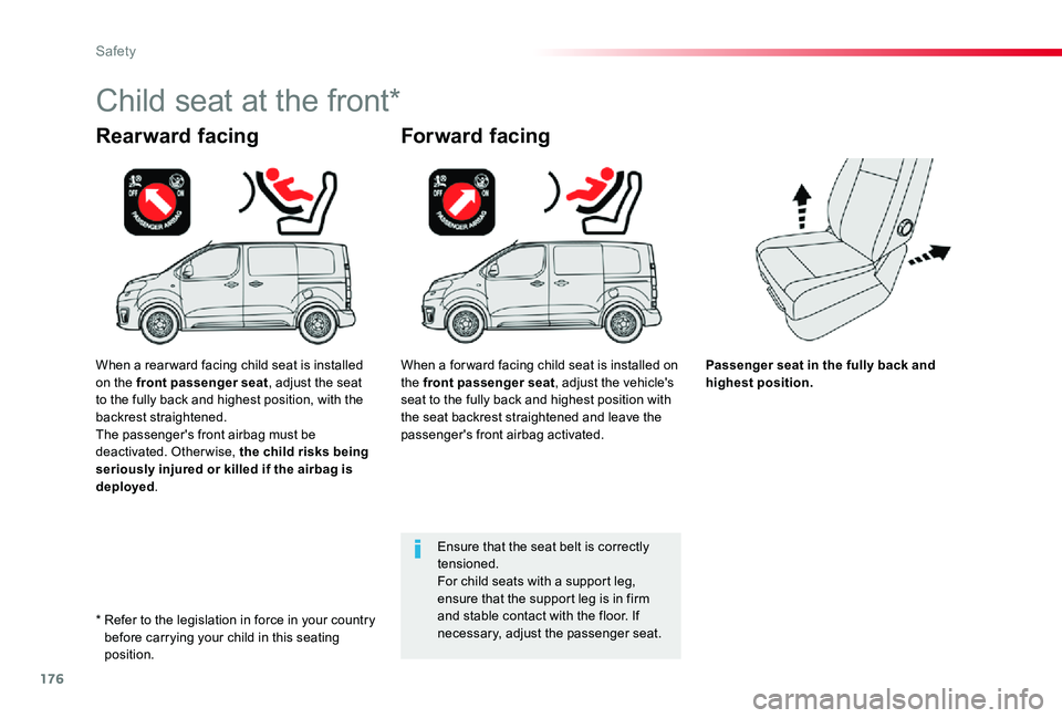 TOYOTA PROACE 2020 Owners Manual (in English) 176
Passenger seat in the fully back and highest position.
Rearward facing
Child seat at the front*
Forward facing
Ensure that the seat belt is correctly tensioned.For child seats with a support leg, TOYOTA PROACE 2020 Owners Manual (in English) 176
Passenger seat in the fully back and highest position.
Rearward facing
Child seat at the front*
Forward facing
Ensure that the seat belt is correctly tensioned.For child seats with a support leg,