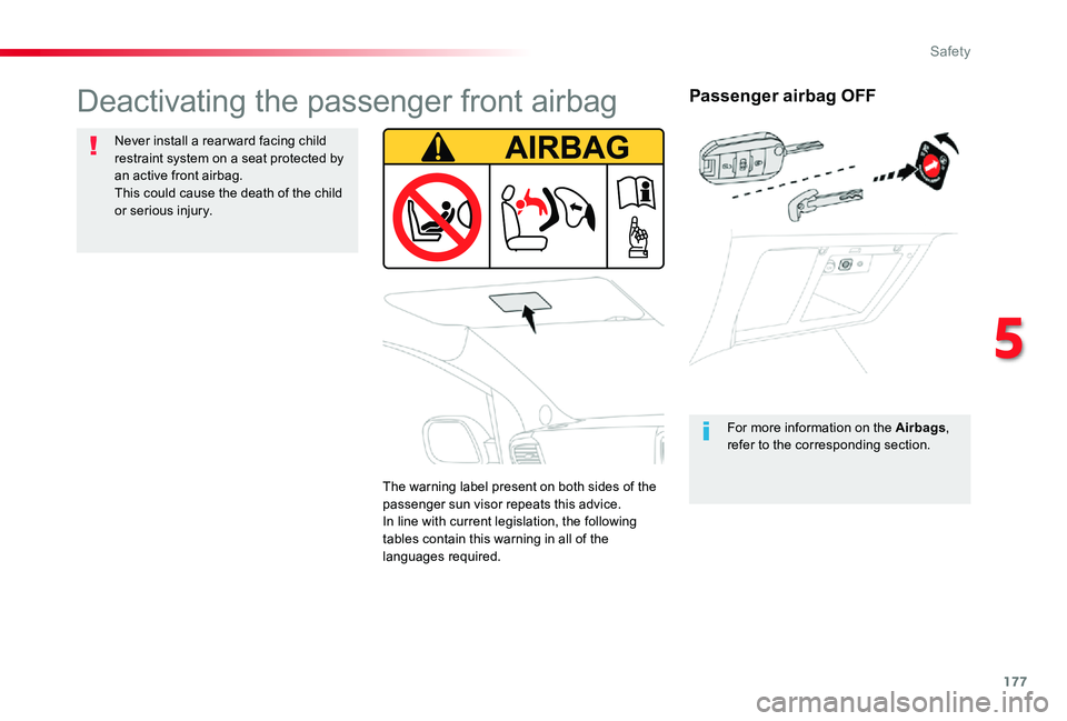 TOYOTA PROACE 2020 Owners Manual (in English) 177
Passenger airbag OFF
For more information on the Airbags, refer to the corresponding section.
Deactivating the passenger front airbag
Never install a rear ward facing child restraint system on a s TOYOTA PROACE 2020 Owners Manual (in English) 177
Passenger airbag OFF
For more information on the Airbags, refer to the corresponding section.
Deactivating the passenger front airbag
Never install a rear ward facing child restraint system on a s