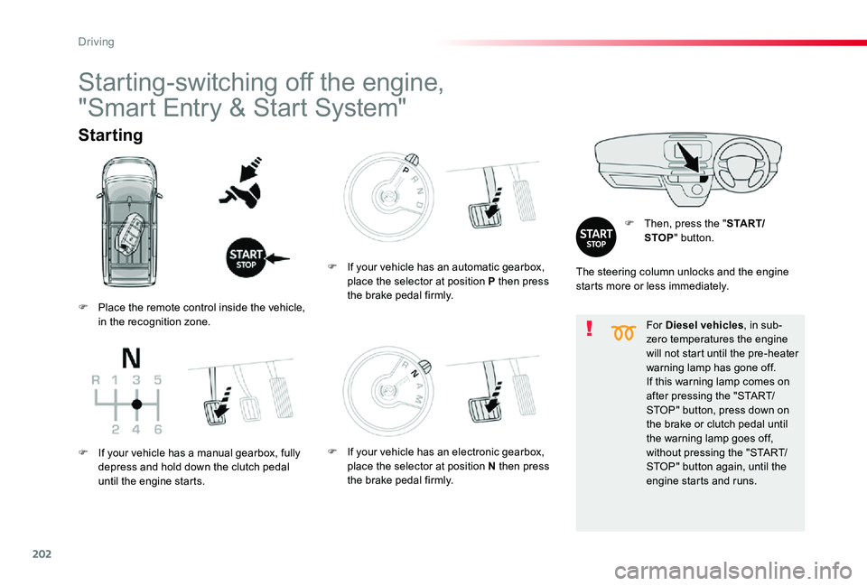 TOYOTA PROACE 2020   (in English) Owners Guide 202
For Diesel vehicles, in sub-zero temperatures the engine will not start until the pre-heater warning lamp has gone off.If this warning lamp comes on after pressing the "START/
STOP" button