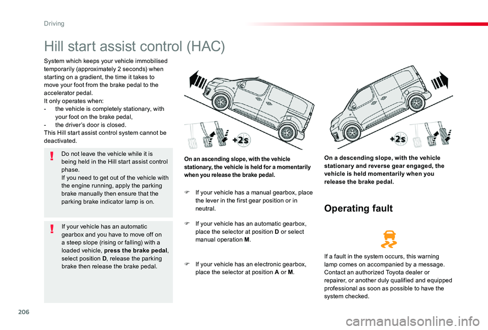 TOYOTA PROACE 2020  Owners Manual (in English) 206
Hill start assist control (HAC)
System which keeps your vehicle immobilised temporarily (approximately 2 seconds) when starting on a gradient, the time it takes to move your foot from the brake pe TOYOTA PROACE 2020  Owners Manual (in English) 206
Hill start assist control (HAC)
System which keeps your vehicle immobilised temporarily (approximately 2 seconds) when starting on a gradient, the time it takes to move your foot from the brake pe