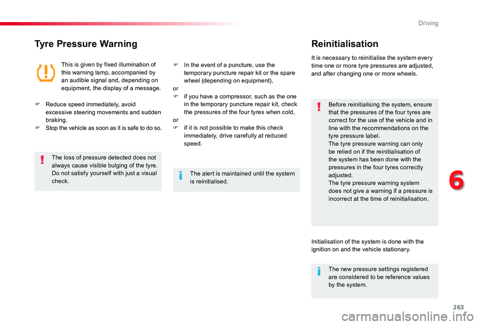 TOYOTA PROACE 2020   (in English) Repair Manual 263
Tyre Pressure WarningReinitialisation
Before reinitialising the system, ensure that the pressures of the four tyres are correct for the use of the vehicle and in line with the recommendations on t