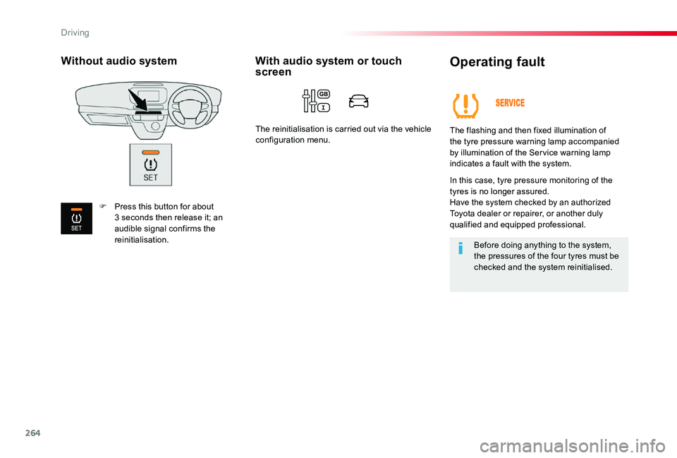 TOYOTA PROACE 2020 Owners Manual (in English) 264
Operating fault
The flashing and then fixed illumination of the tyre pressure warning lamp accompanied by illumination of the Ser vice warning lamp indicates a fault with the system.
In this case, TOYOTA PROACE 2020 Owners Manual (in English) 264
Operating fault
The flashing and then fixed illumination of the tyre pressure warning lamp accompanied by illumination of the Ser vice warning lamp indicates a fault with the system.
In this case,