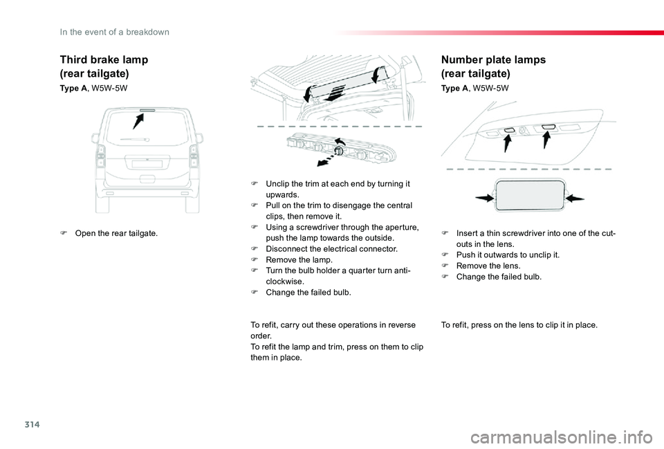 TOYOTA PROACE 2020 Owners Manual (in English) 314
To refit, press on the lens to clip it in place.
F Unclip the trim at each end by turning it upwards.F Pull on the trim to disengage the central clips, then remove it.F Using a screwdriver through TOYOTA PROACE 2020 Owners Manual (in English) 314
To refit, press on the lens to clip it in place.
F Unclip the trim at each end by turning it upwards.F Pull on the trim to disengage the central clips, then remove it.F Using a screwdriver through