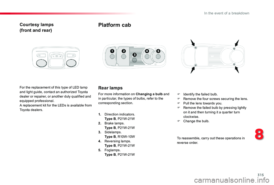 TOYOTA PROACE 2020 Owners Manual (in English) 315
Courtesy lamps
(front and rear)
For the replacement of this type of LED lamp and light guide, contact an authorized Toyota dealer or repairer, or another duly qualified and equipped professional.A TOYOTA PROACE 2020 Owners Manual (in English) 315
Courtesy lamps
(front and rear)
For the replacement of this type of LED lamp and light guide, contact an authorized Toyota dealer or repairer, or another duly qualified and equipped professional.A