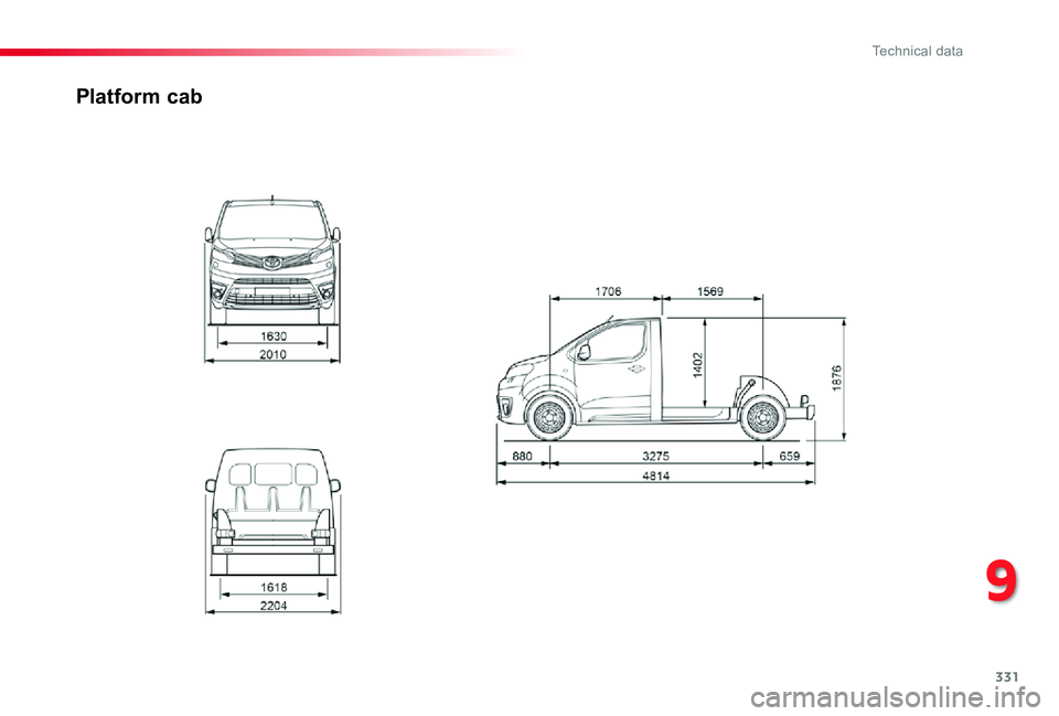 TOYOTA PROACE 2020 Owners Manual (in English) 331
Platform cab
9
Technical data TOYOTA PROACE 2020 Owners Manual (in English) 331
Platform cab
9
Technical data