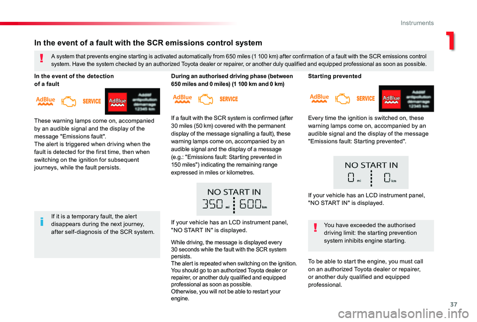 TOYOTA PROACE 2020 (in English) Owners Guide 37
Starting prevented
Every time the ignition is switched on, these
warning lamps come on, accompanied by an audible signal and the display of the message "Emissions fault: Starting prevented" TOYOTA PROACE 2020 (in English) Owners Guide 37
Starting prevented
Every time the ignition is switched on, these
warning lamps come on, accompanied by an audible signal and the display of the message "Emissions fault: Starting prevented"
