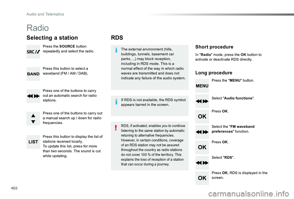 TOYOTA PROACE 2020 Owners Manual (in English) 402
RDS
Short procedure
Long procedure
The external environment (hills, buildings, tunnels, basement car parks, ...) may block reception, including in RDS mode. This is a normal effect of the way in w TOYOTA PROACE 2020 Owners Manual (in English) 402
RDS
Short procedure
Long procedure
The external environment (hills, buildings, tunnels, basement car parks, ...) may block reception, including in RDS mode. This is a normal effect of the way in w