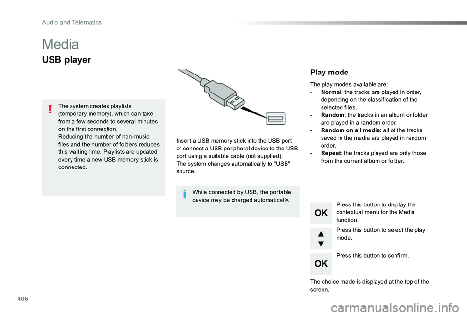 TOYOTA PROACE 2020 Owners Manual (in English) 406
Media
USB player
Insert a USB memory stick into the USB port or connect a USB peripheral device to the USB port using a suitable cable (not supplied).The system changes automatically to "USB TOYOTA PROACE 2020 Owners Manual (in English) 406
Media
USB player
Insert a USB memory stick into the USB port or connect a USB peripheral device to the USB port using a suitable cable (not supplied).The system changes automatically to "USB